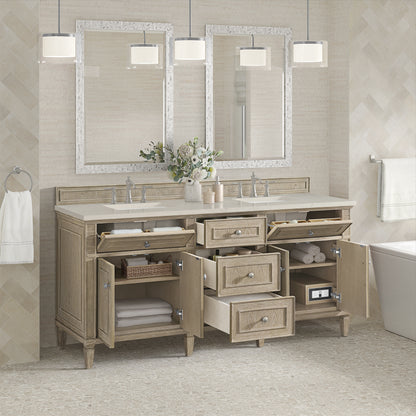 Renovate for Less Atlanta Lorelai 72" Double Vanity, Whitewashed Oak, w/ 3 CM Siberian Silestone Top
