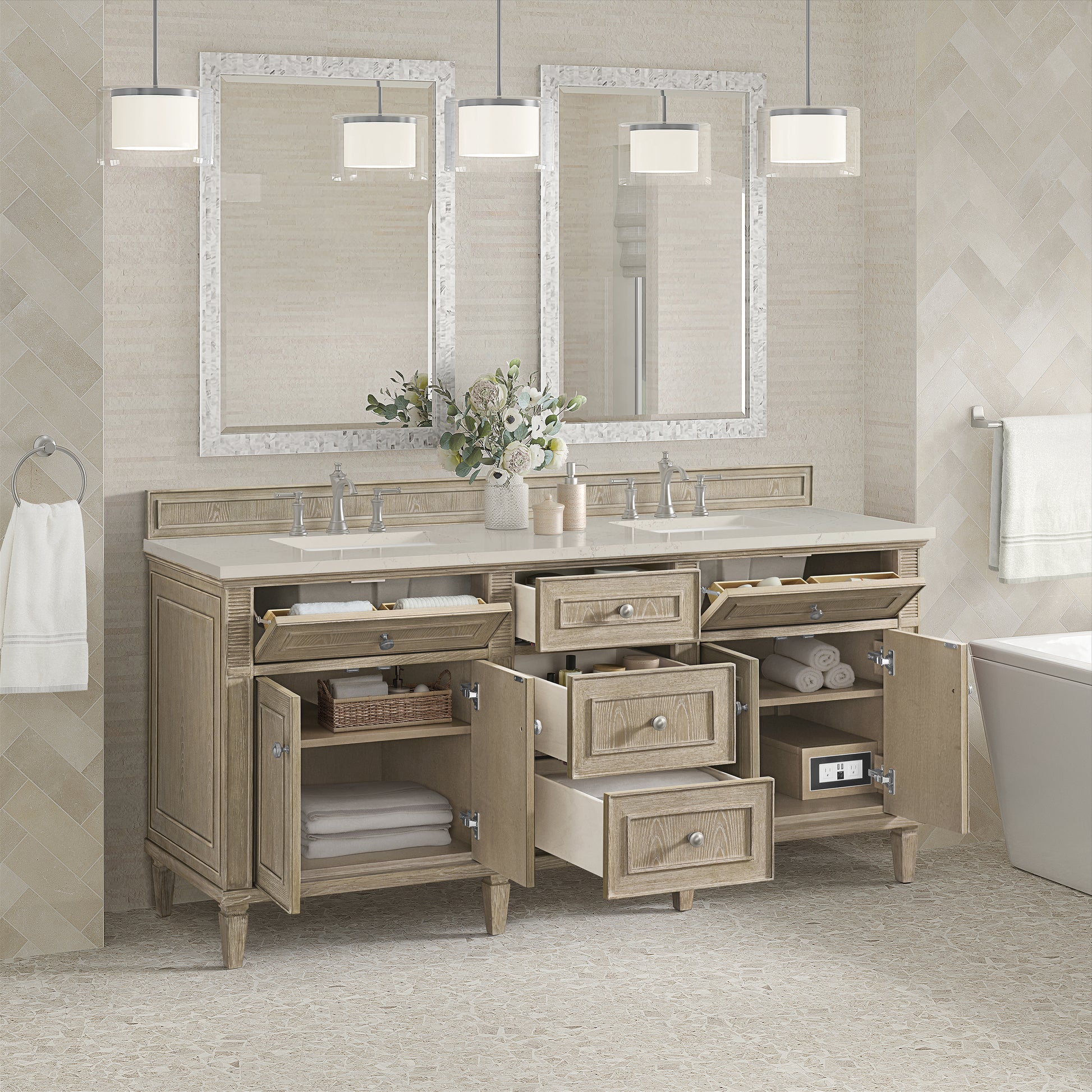 Renovate for Less Atlanta Lorelai 72" Double Vanity, Whitewashed Oak, w/ 3 CM Siberian Silestone Top w/FreePower Wireless Charger
