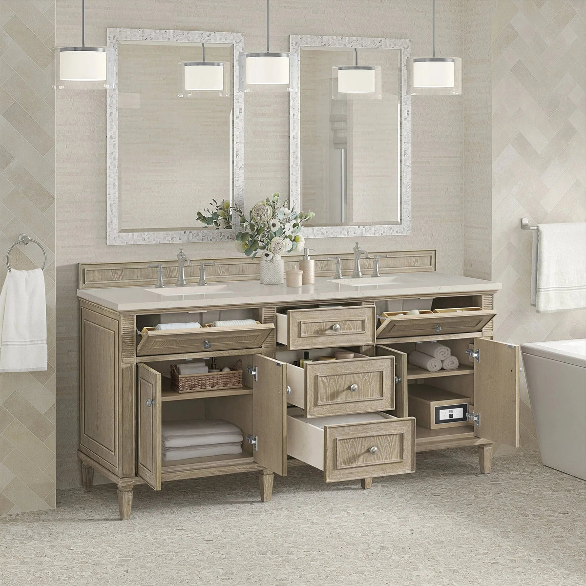 Lorelai 72" Double Vanity, Whitewashed Oak, w/ 3 CM Siberian Silestone Top w/FreePower Wireless Charger