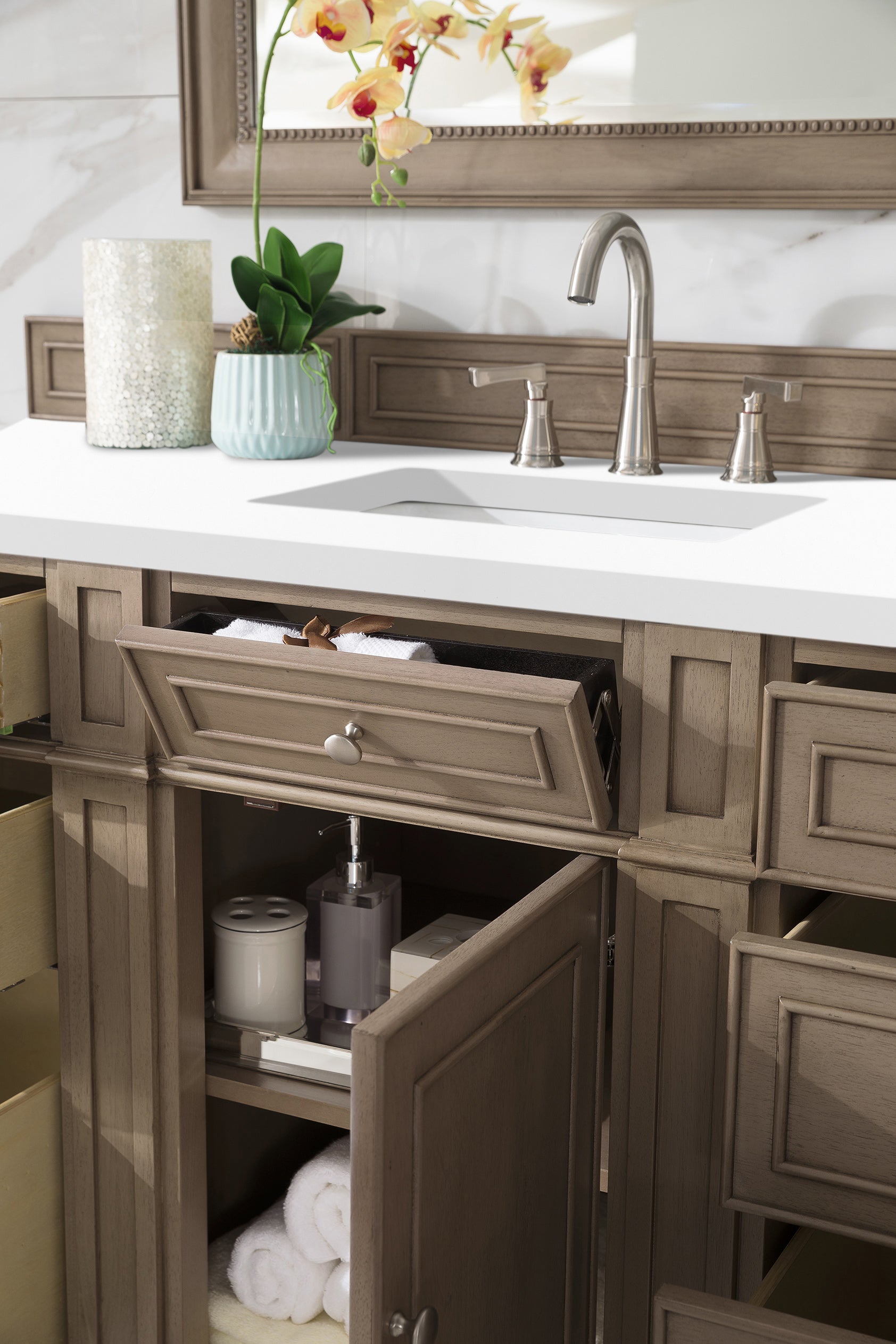 Renovate for Less Atlanta Bristol 60" Single Vanity, Whitewashed Walnut w/ 3 CM White Zeus Silestone Top