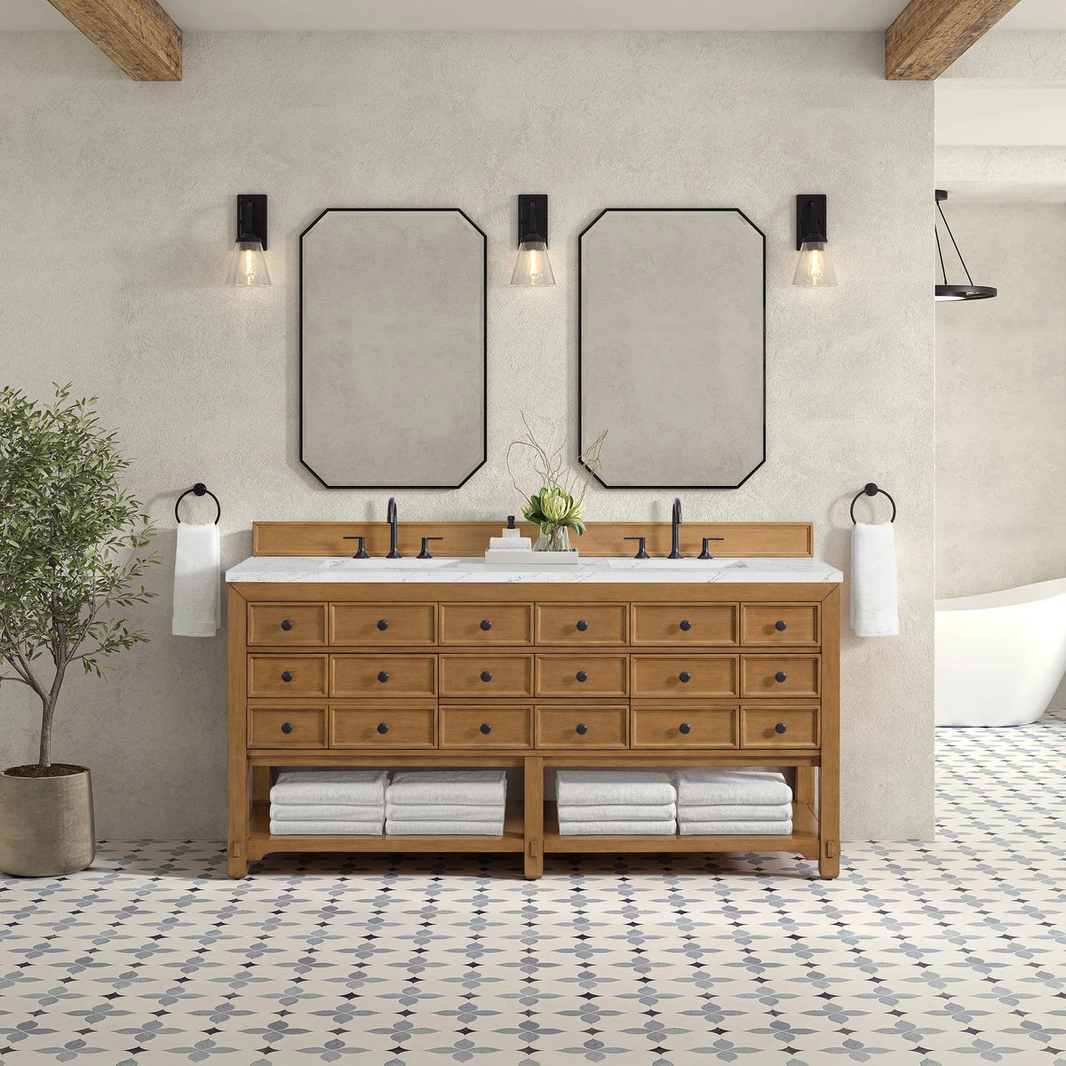 Malibu 72" Double Vanity, Amber Birch w/ 3 CM Ethereal Noctis Top