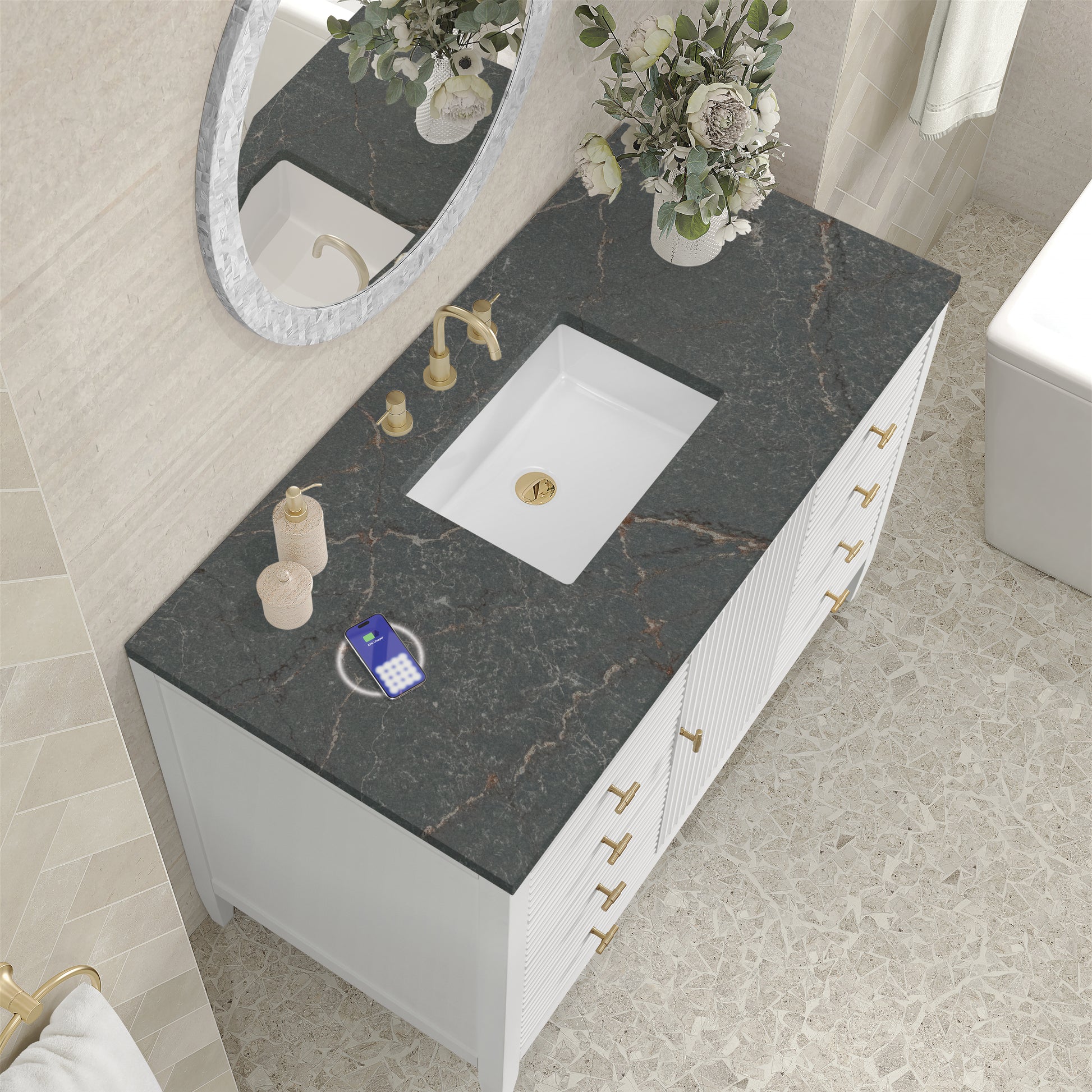 Renovate for Less Atlanta Myrrin 48" Single Vanity, Bright White w/ 3 CM Parisien Bleu Silestone Top w/FreePower Wireless Charger