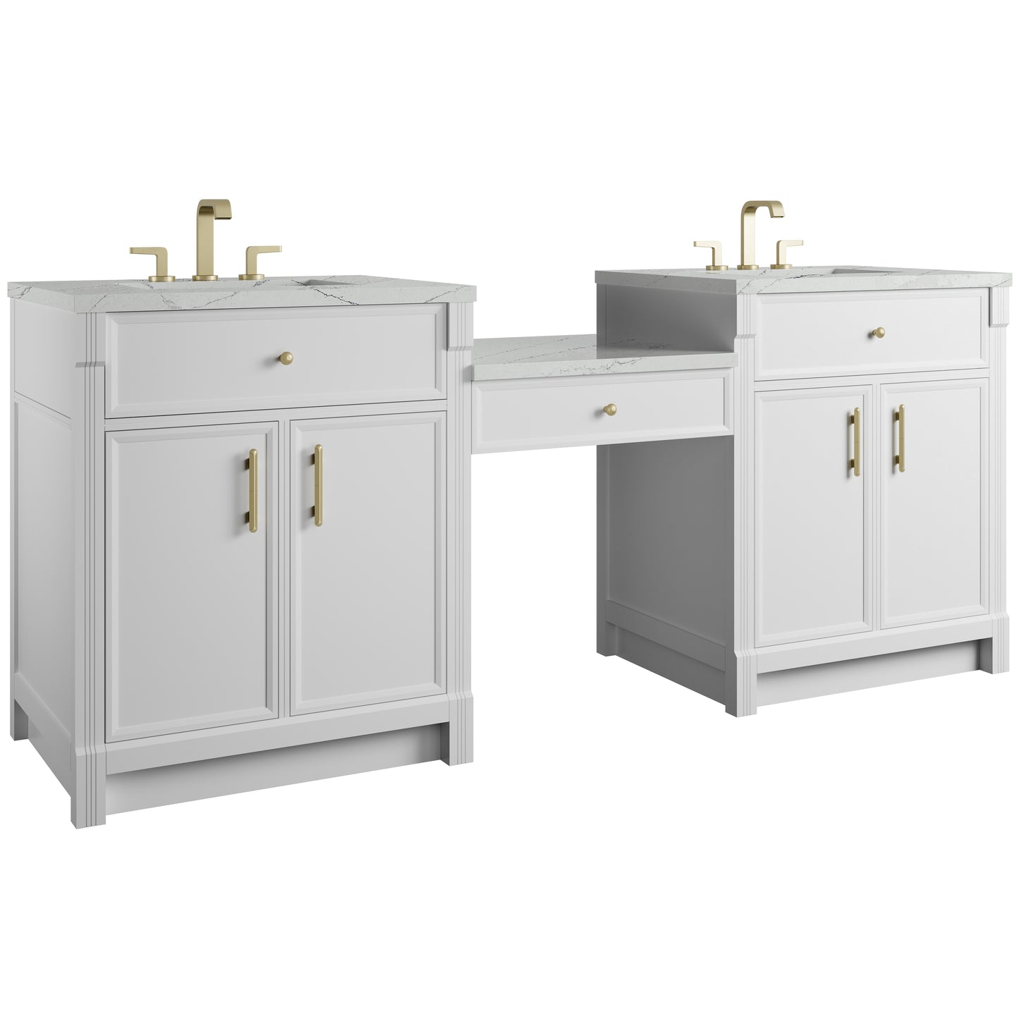 Renovate for Less Atlanta Bellshire 84" Dual Vanity Set with 24" Make-Up Counter, Bright White w/3 cm Ethereal Noctis Silestone Top