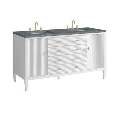 Renovate for Less Atlanta Myrrin 60" Double Vanity, Bright White w/ 3 CM Parisien Bleu Silestone Top w/FreePower Wireless Charger
