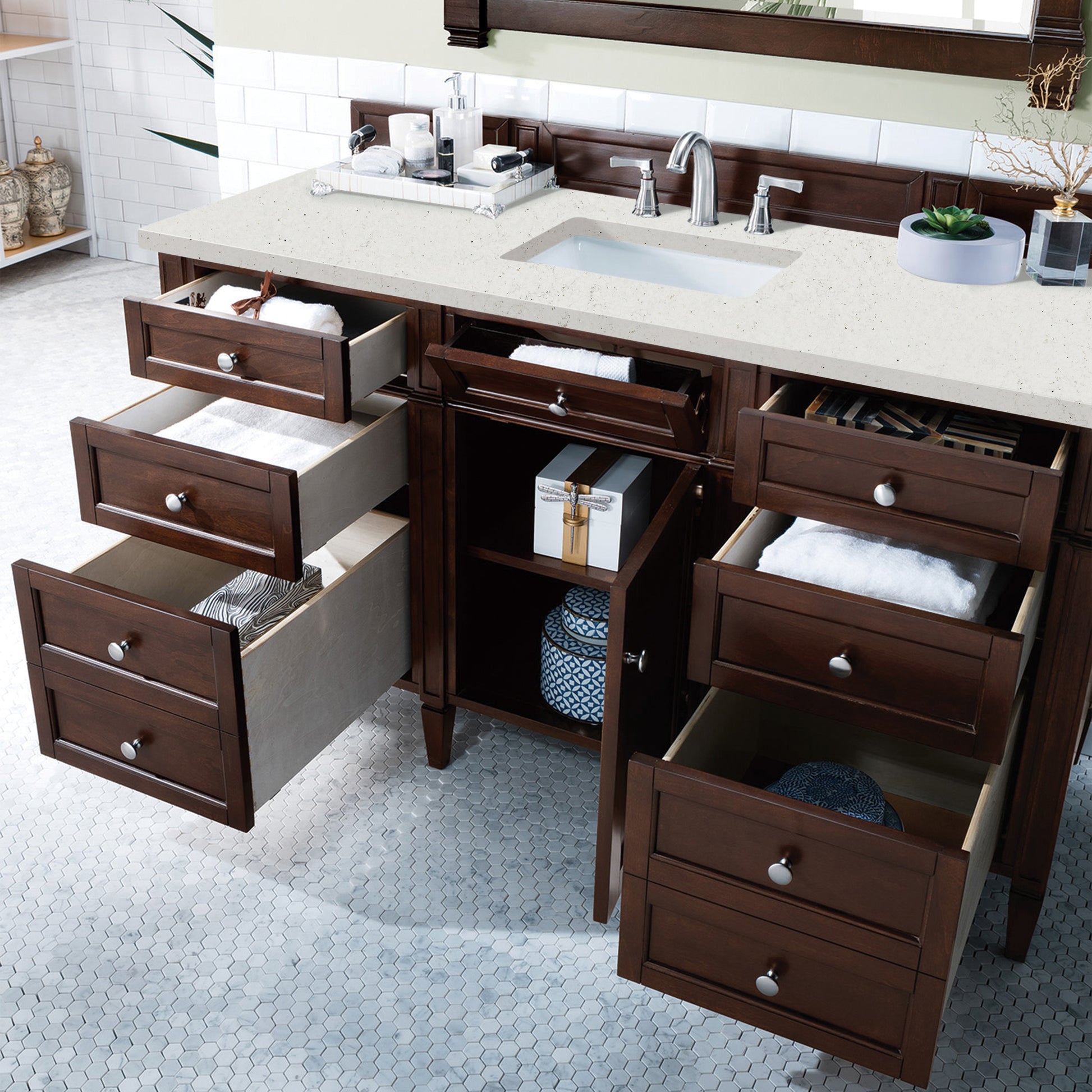 Renovate for Less Atlanta Brittany 60" Single Vanity, Burnished Mahogany w/ 3 CM Lime Delight Silestone Top