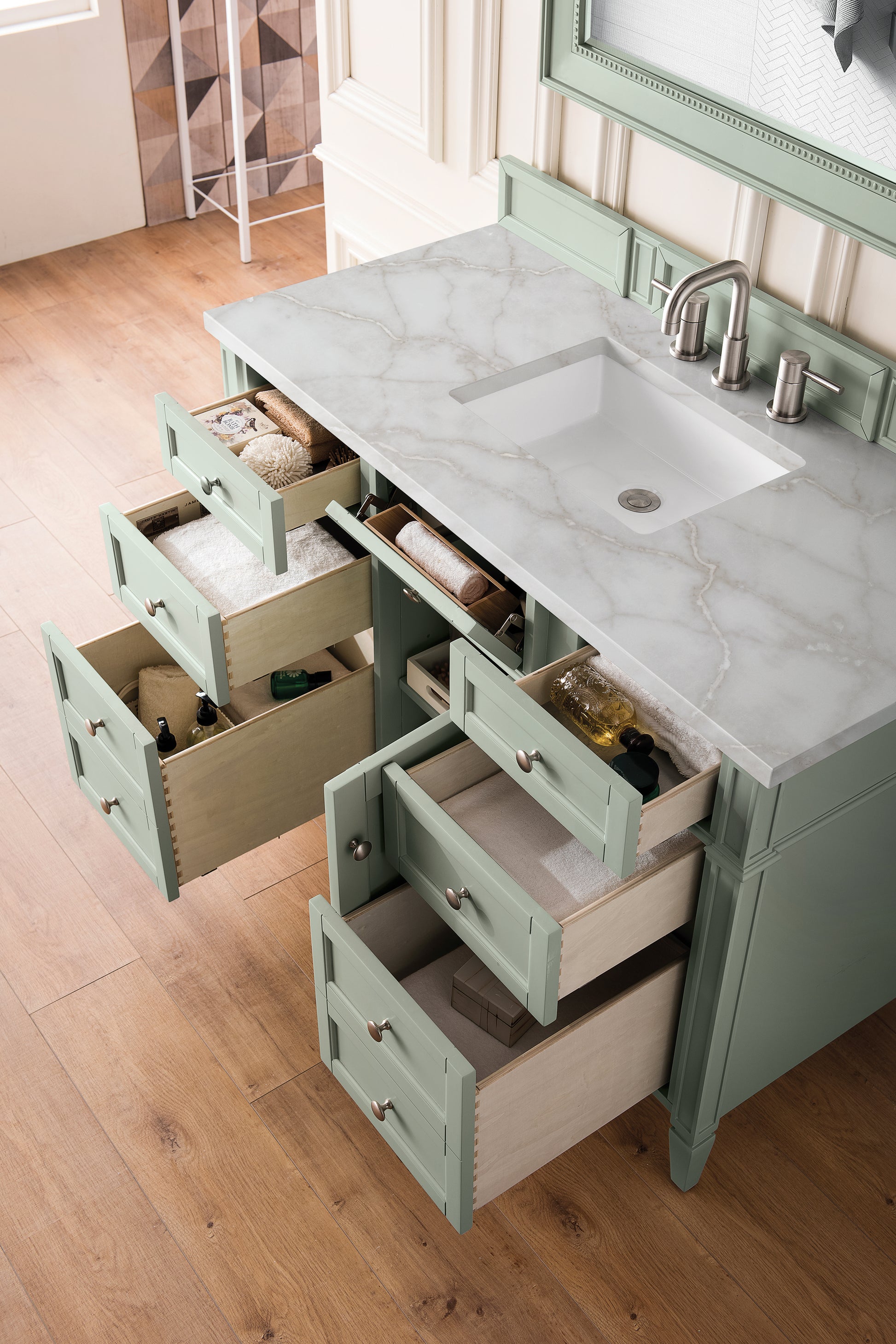 Renovate for Less Atlanta Brittany 48" Single Vanity, Sage Green w/ 3 CM Victorian Silver Silestone Top