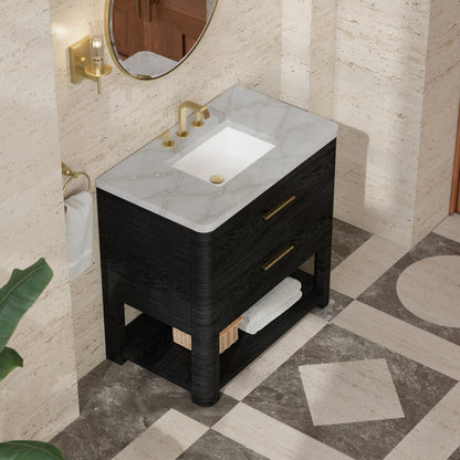 Renovate for Less Atlanta Lucian 36" Single Vanity, Carbon Oak w/ 3 CM Victorian Silver Silestone Widespread Top