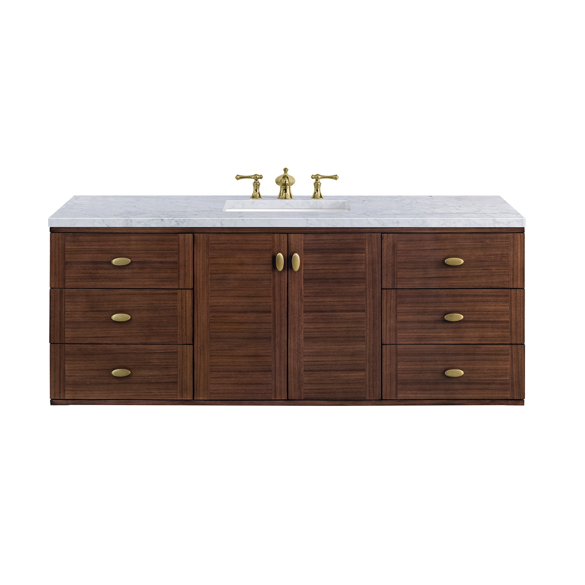 Renovate for Less Atlanta Amberly 60" Single Vanity, Mid-Century Walnut w/ 3 CM Carrara Marble Top