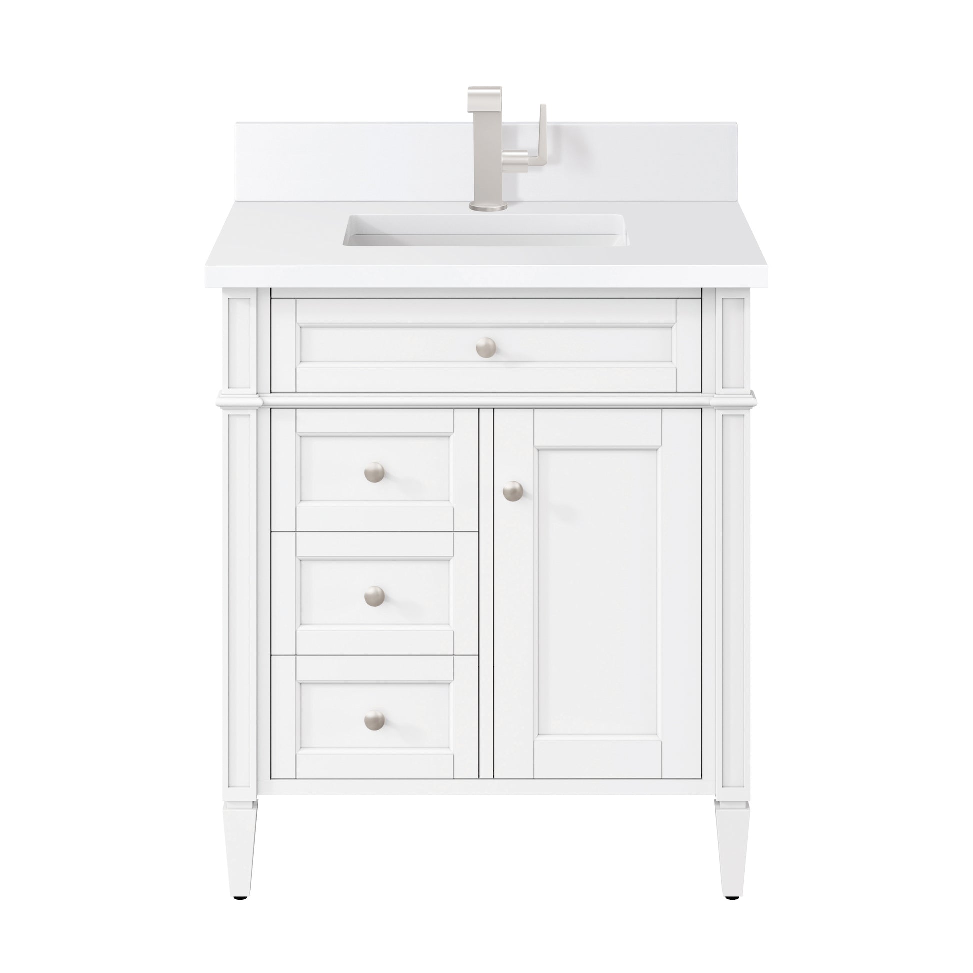 Renovate for Less Atlanta Brittany 30" Single Vanity, Bright White, w/ Single Hole 3 CM White Zeus Silestone Top & Backsplash
