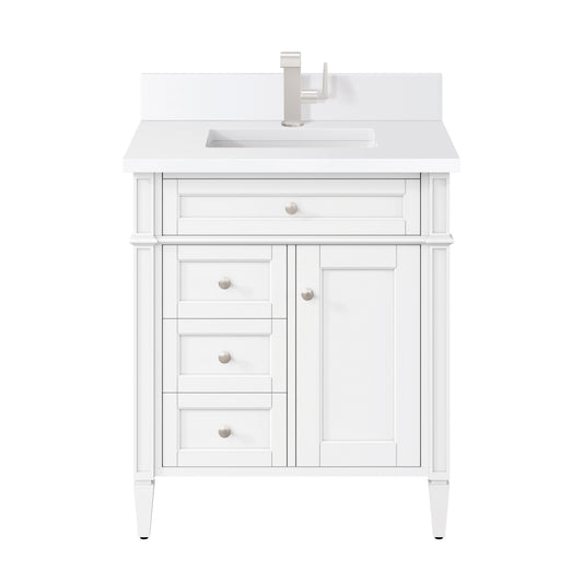 Renovate for Less Atlanta Brittany 30" Single Vanity, Bright White, w/ Single Hole 3 CM White Zeus Silestone Top & Backsplash