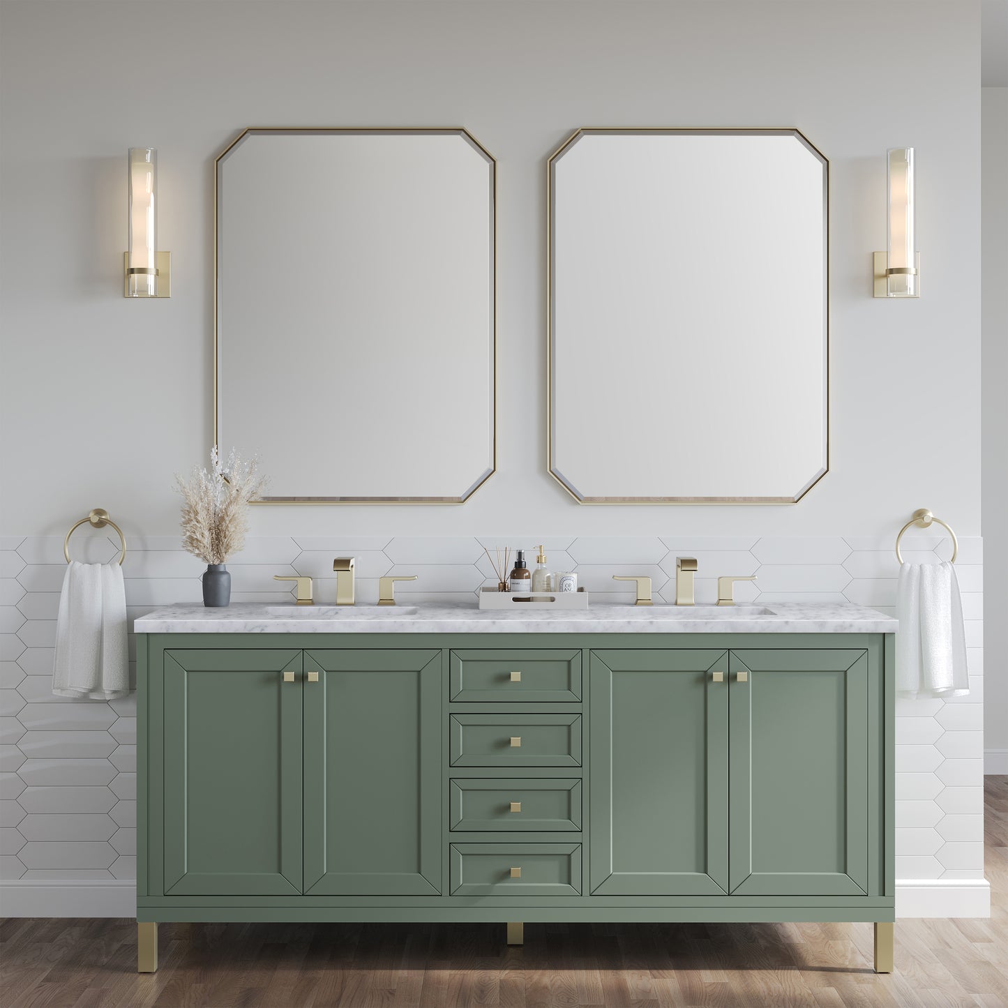 Renovate for Less Atlanta Chicago 72" Double Vanity, Smokey Celadon, w/ 3 CM Carrara Marble Top