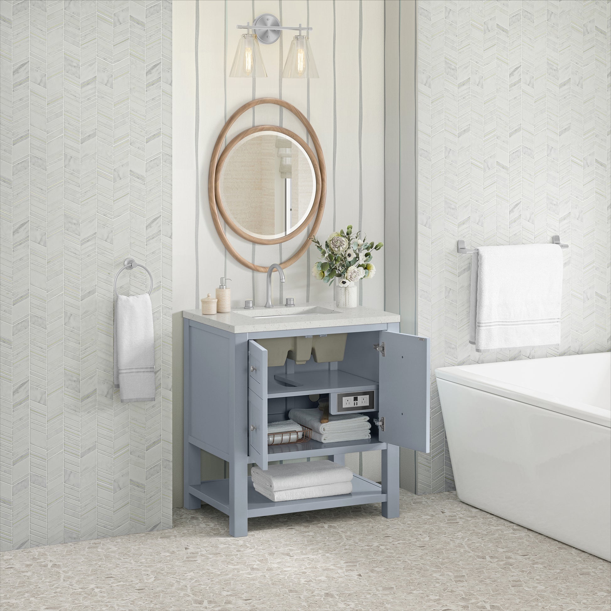 Renovate for Less Atlanta Breckenridge 30" Single Vanity, Serenity Blue, w/ 3 CM Lime Delight Quartz Top