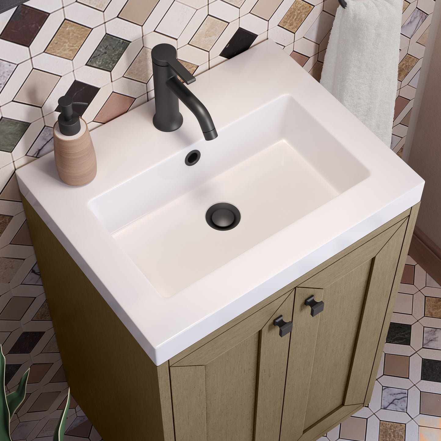 Renovate for Less Atlanta Chianti 20" Single Vanity, Walnut Whisper, Matte Black, w/ White Glossy Composite Stone Top