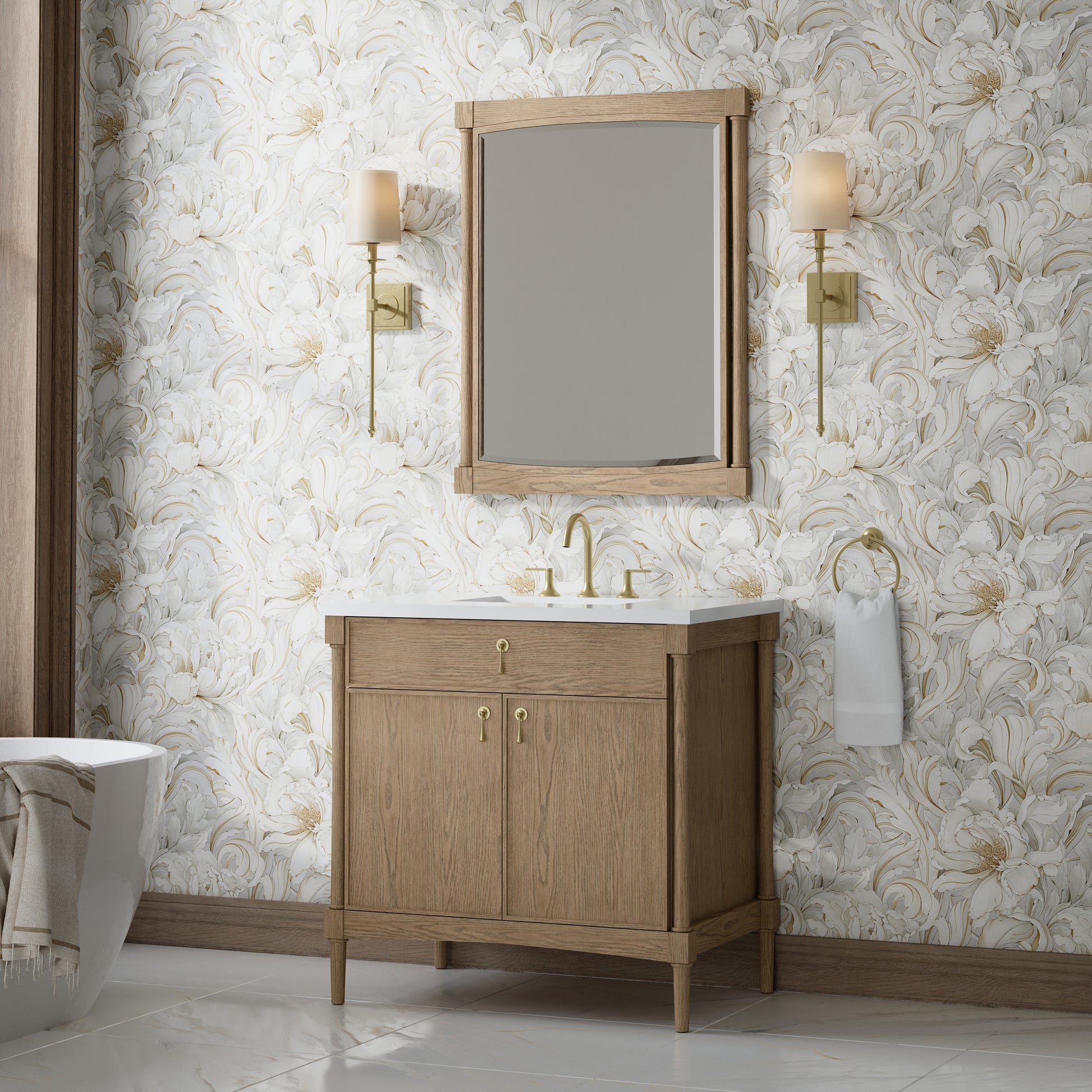Renovate for Less Atlanta Kinnsden 36" Single Vanity, Weathered Oak w/ 3 CM White Zeus Silestone Top