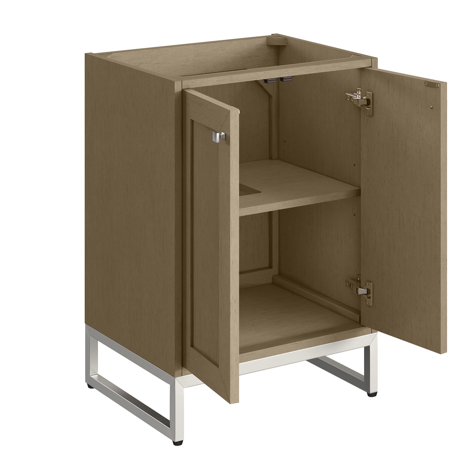 Renovate for Less Atlanta Chianti 24" Single Vanity, Walnut Whisper, Brushed Nickel, w/ White Glossy Composite Stone Top