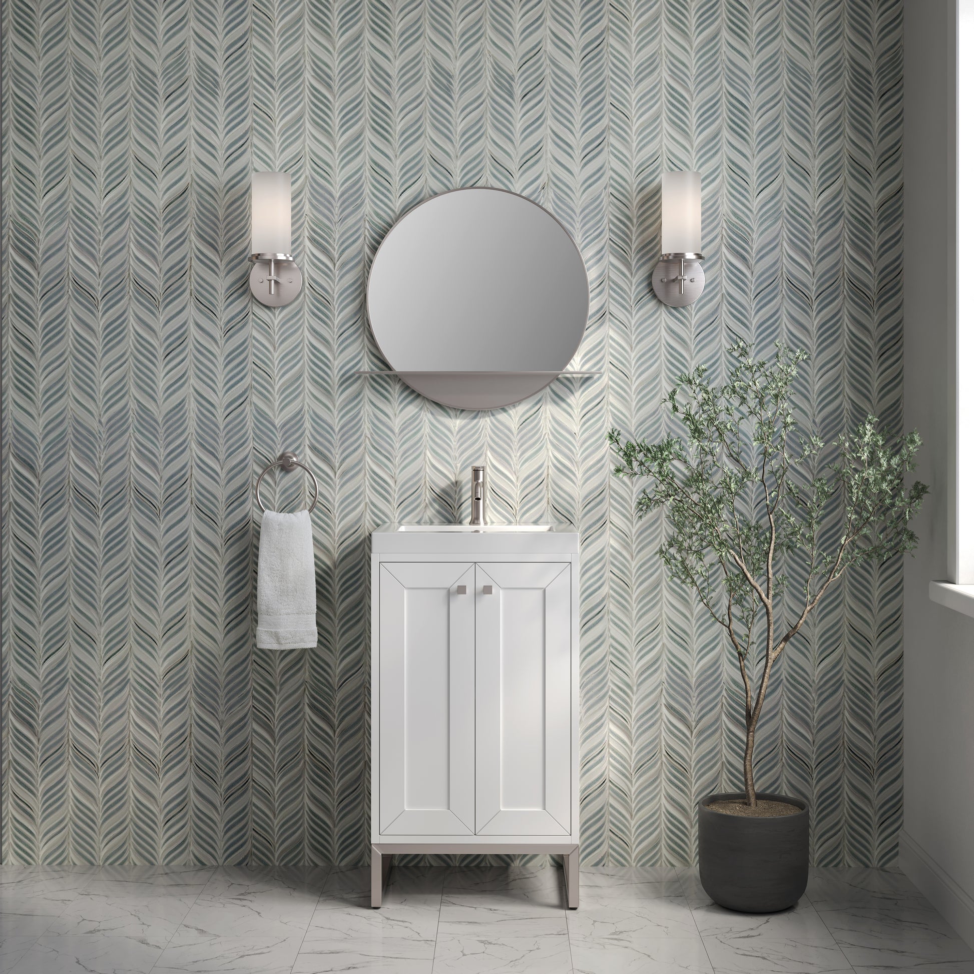 Renovate for Less Atlanta Chianti 20" Single Vanity, Glossy White, Brushed Nickel, w/ White Glossy Composite Stone Top