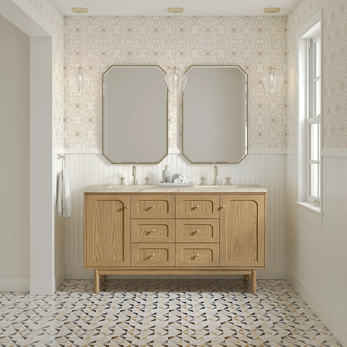 Laurent 60" Double Vanity, Light Natural Oak, w/ 3 CM Tajnar Eclos Top