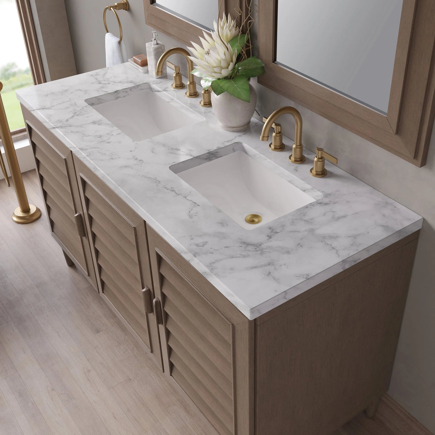Portland 60" Double Vanity Whitewashed Walnut w/ 3 CM Carrara Marble Top