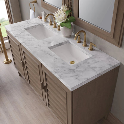 Portland 60" Double Vanity Whitewashed Walnut w/ 3 CM Carrara Marble Top