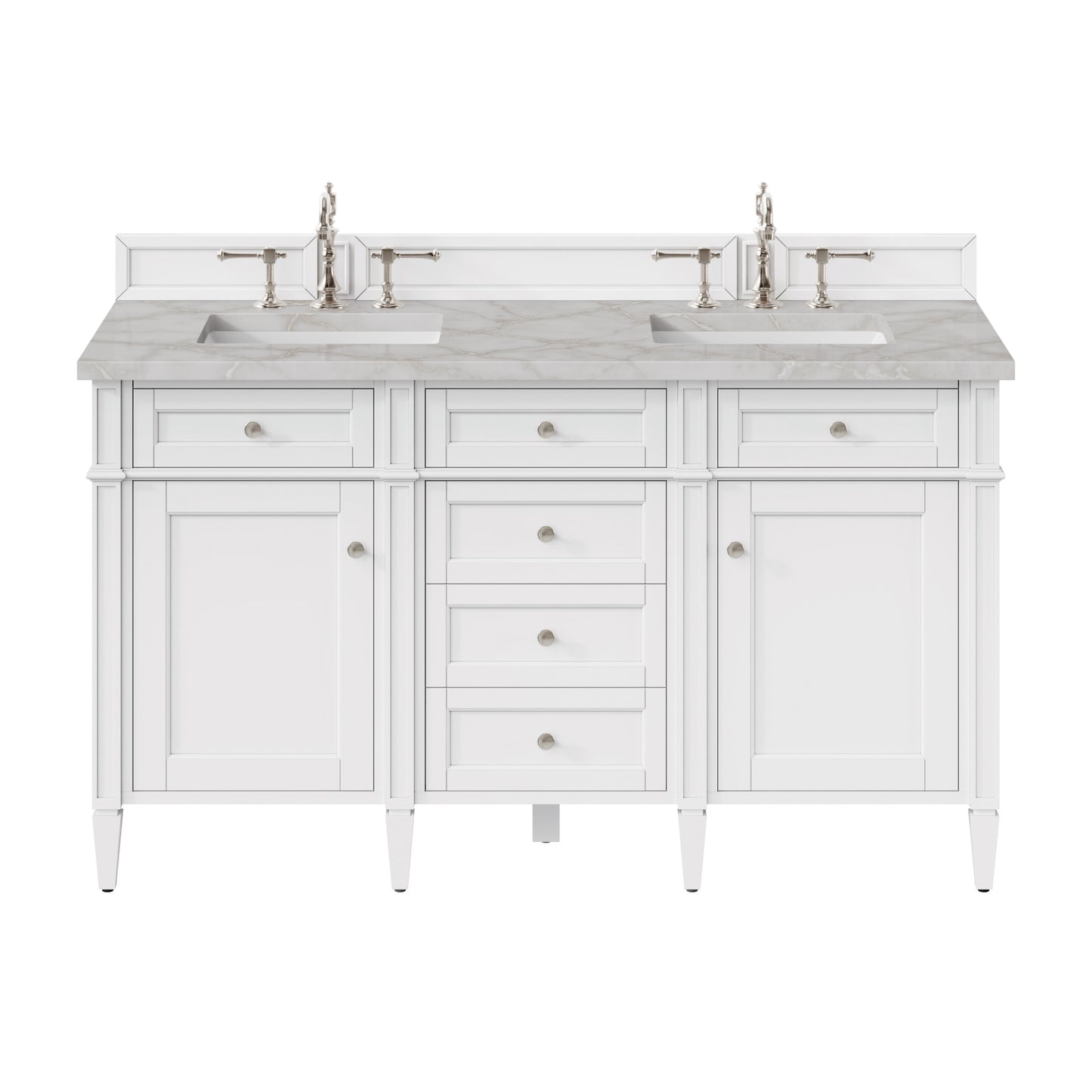 Renovate for Less Atlanta Brittany 60" Double Vanity, Bright White Vanity w/ 3 CM Victorian Silver Silestone Top w/FreePower Wireless Charger