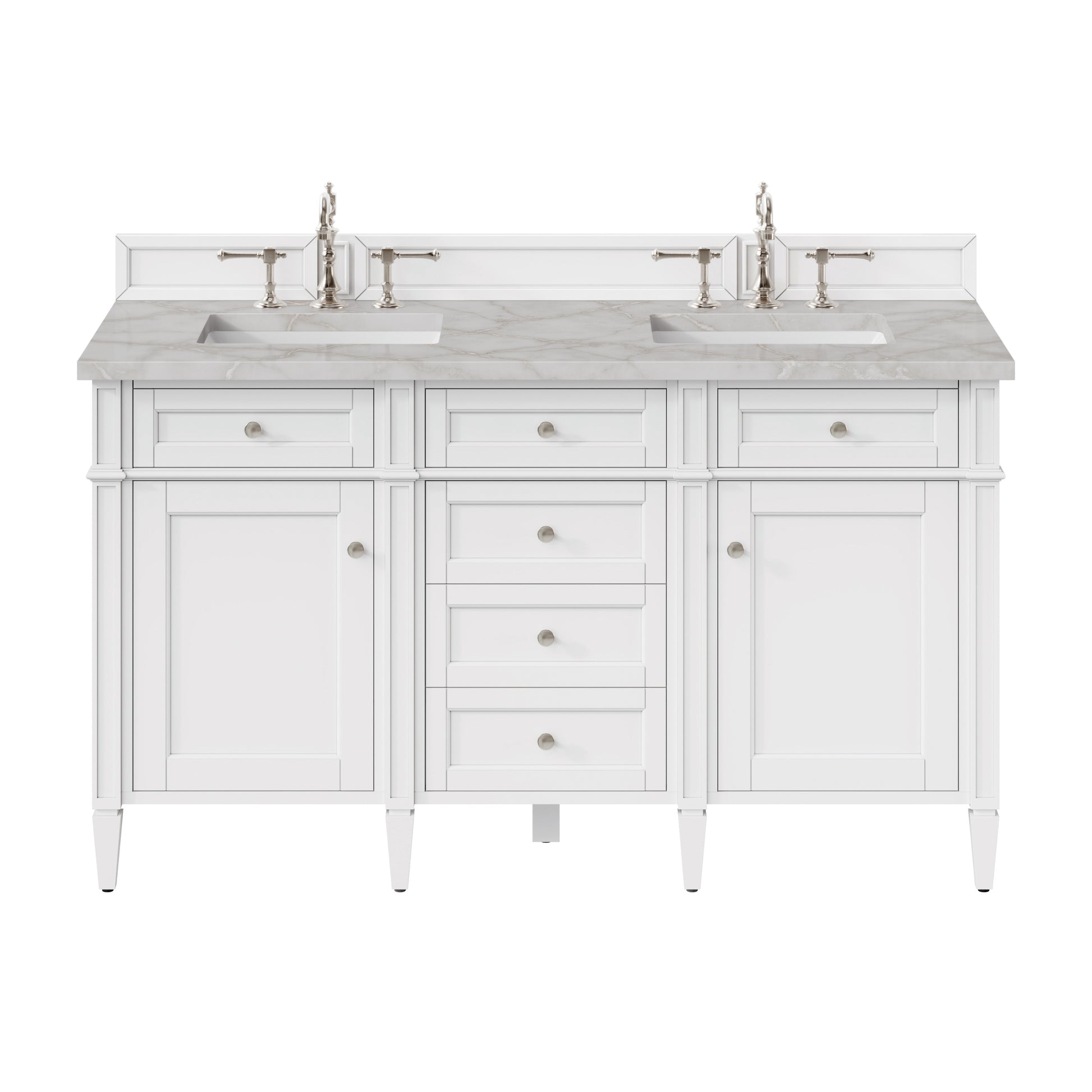 Renovate for Less Atlanta Brittany 60" Double Vanity, Bright White Vanity w/ 3 CM Victorian Silver Silestone Top w/FreePower Wireless Charger