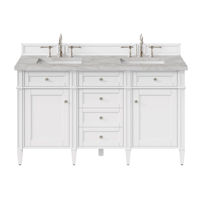 Renovate for Less Atlanta Brittany 60" Double Vanity, Bright White Vanity w/ 3 CM Victorian Silver Silestone Top w/FreePower Wireless Charger