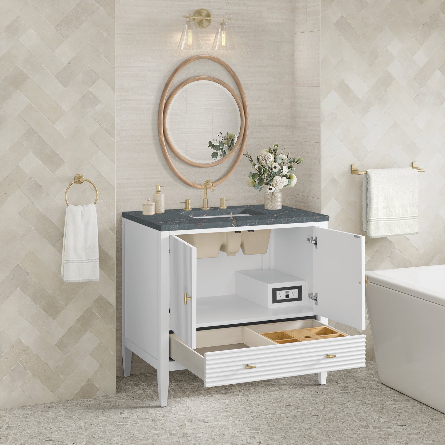 Renovate for Less Atlanta Myrrin 36" Vanity, Bright White w/ 3 CM Parisien Bleu Silestone Top