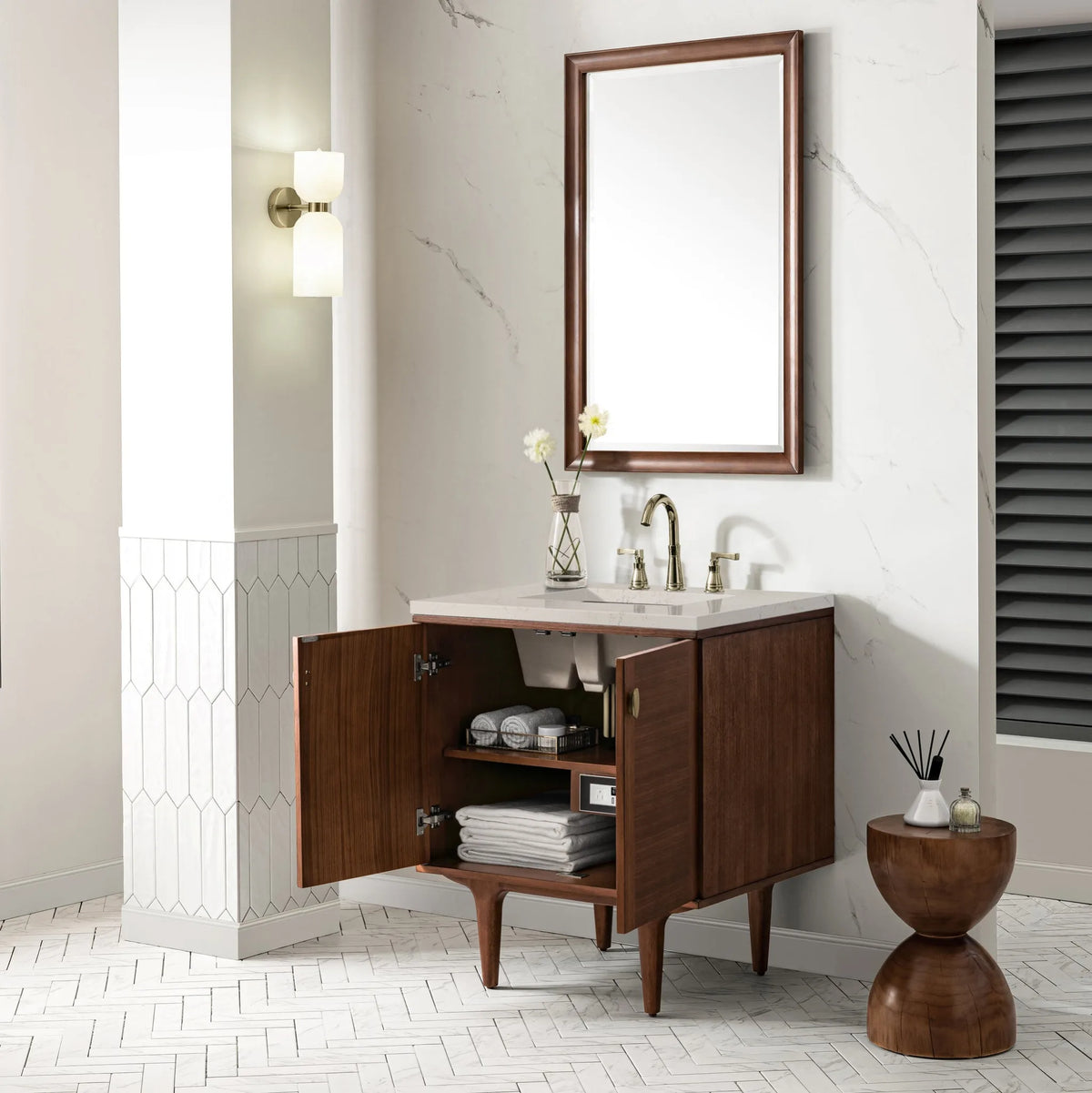 Amberly 30" Single Vanity, Mid-Century Walnut, w/ 3 CM Siberian Silestone Top