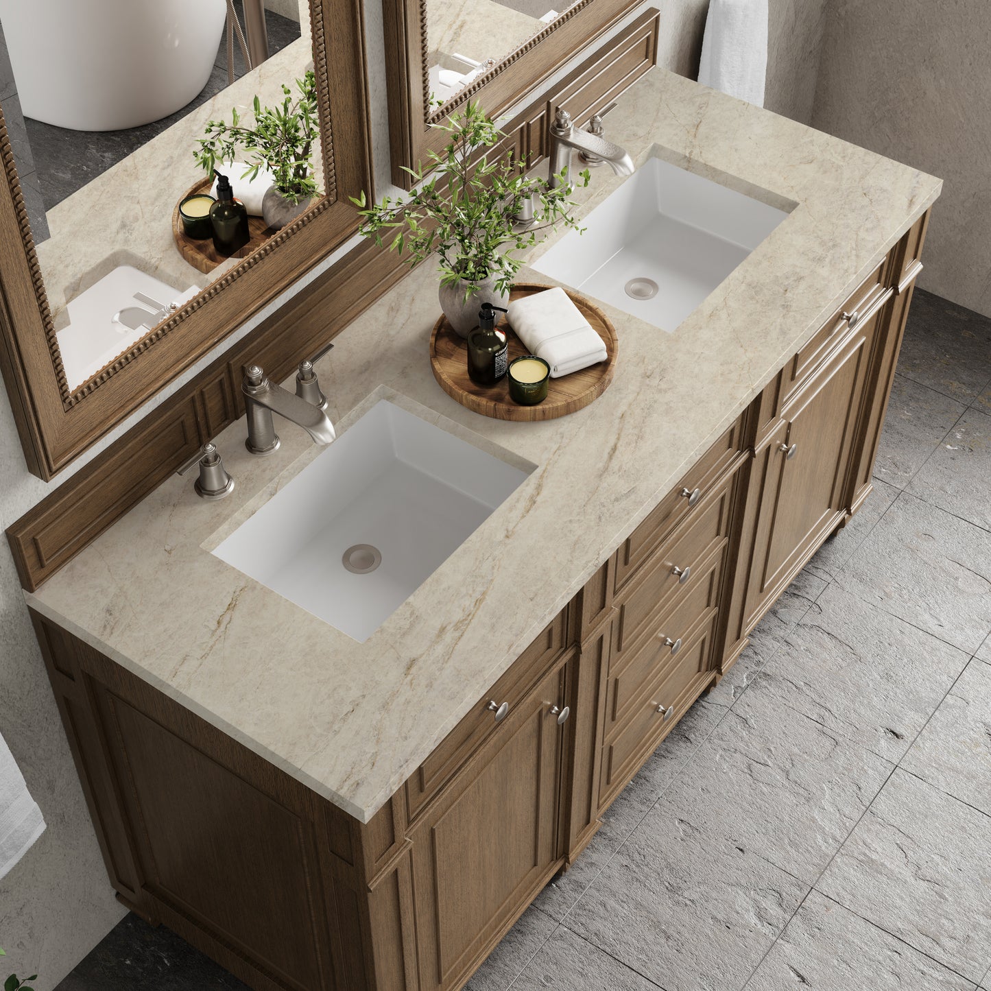 Renovate for Less Atlanta Bristol 60" Double Vanity, Saddle Brown, w/ 3 CM Tajnar Eclos Top