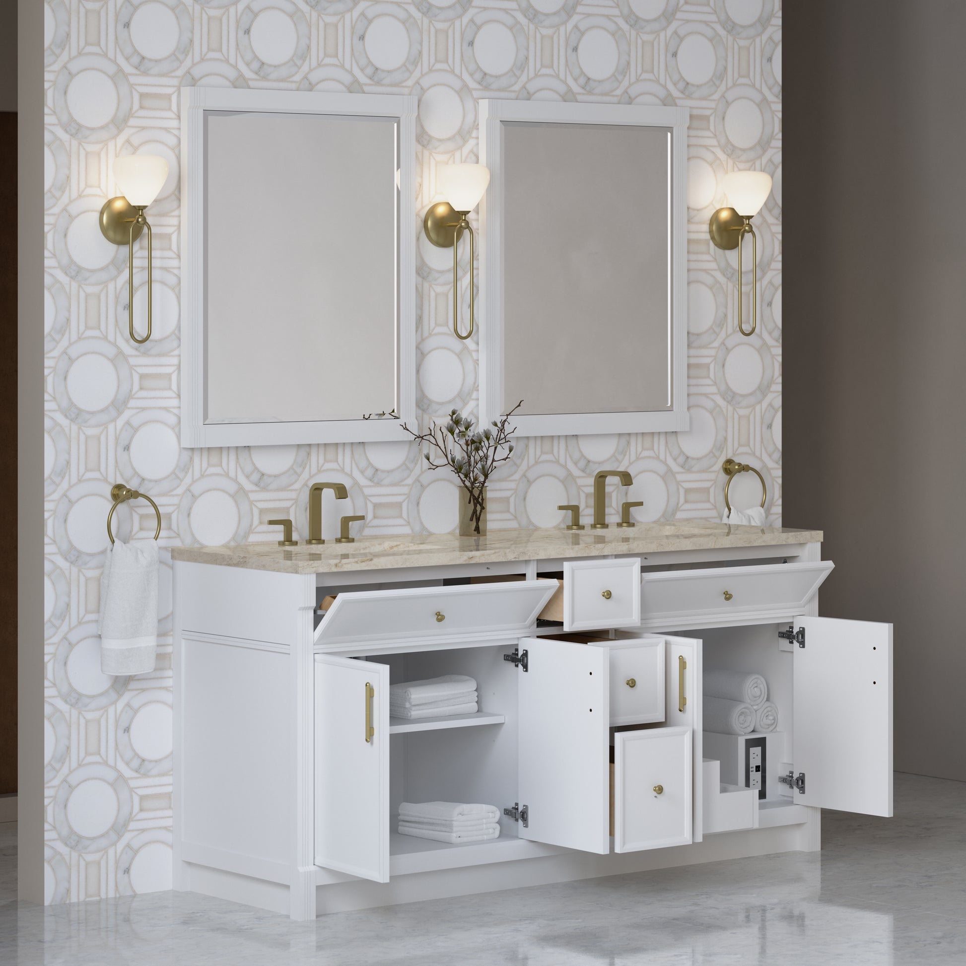 Renovate for Less Atlanta Bellshire 72" Double Vanity, Bright White w/ 3 CM Tajnar Eclos Top w/FreePower Wireless Charger