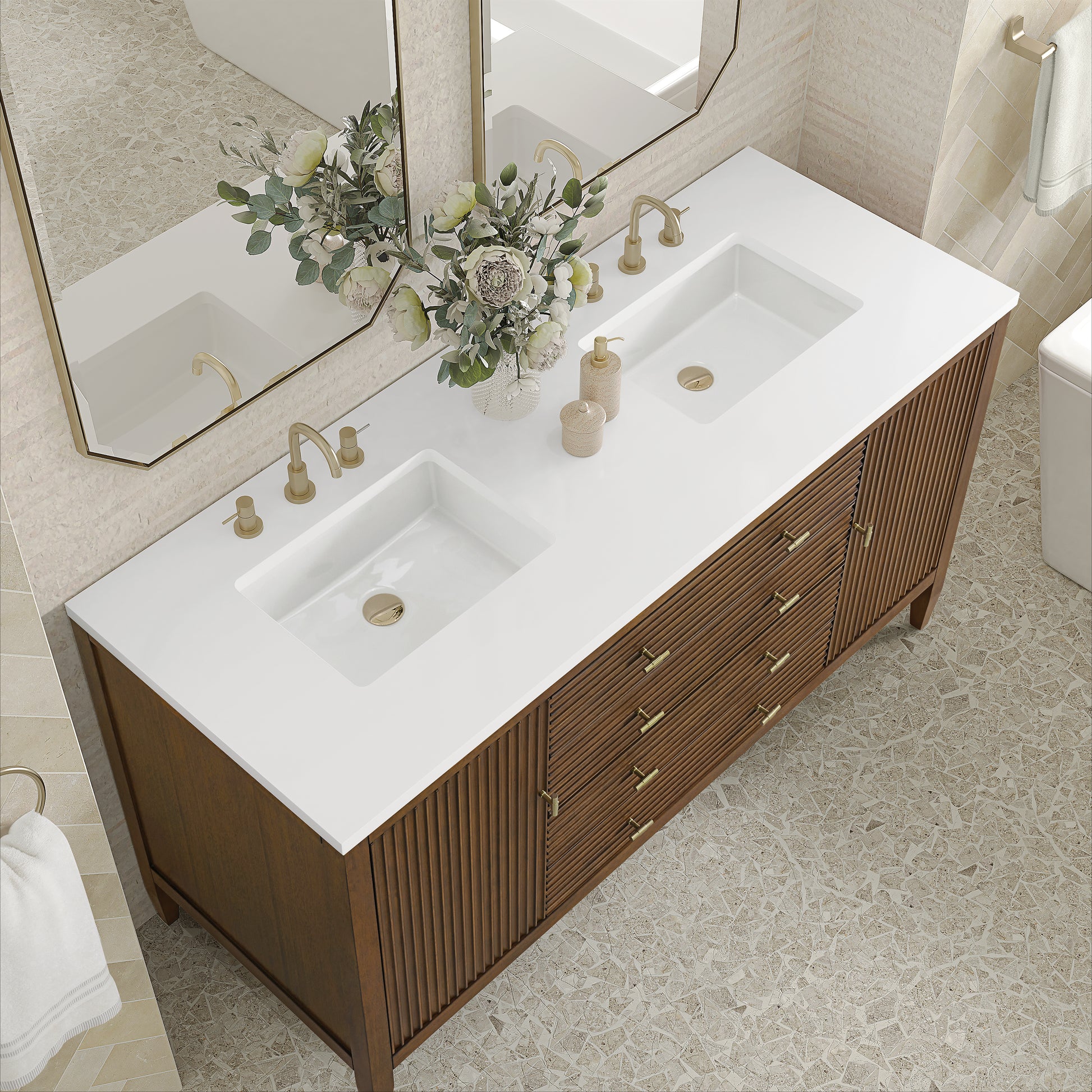 Renovate for Less Atlanta Myrrin 60" Double Vanity, Mid Century Walnut w/ 3 CM White Zeus Silestone Top