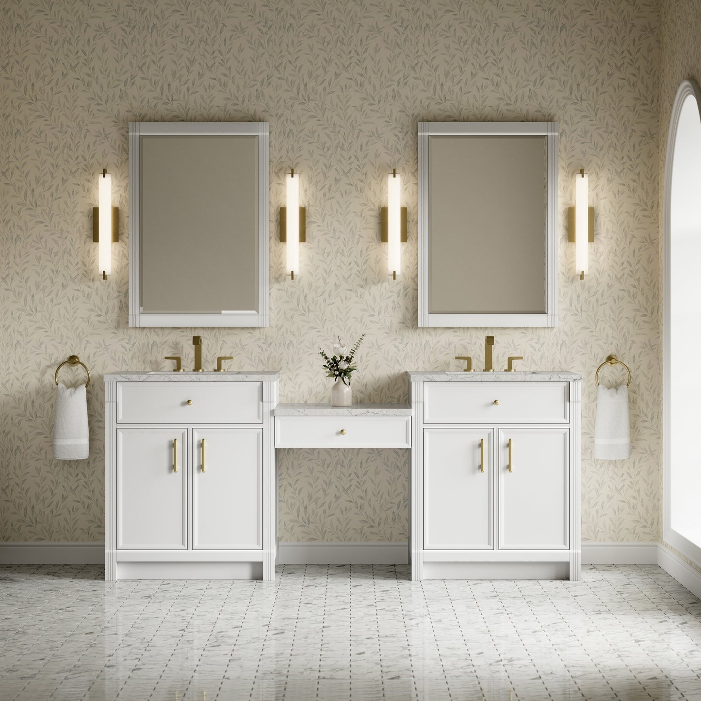 Renovate for Less Atlanta Bellshire 84" Dual Vanity Set with 24" Make-Up Counter, Bright White w/3 cm Eternal Jasmine Pearl Silestone Top