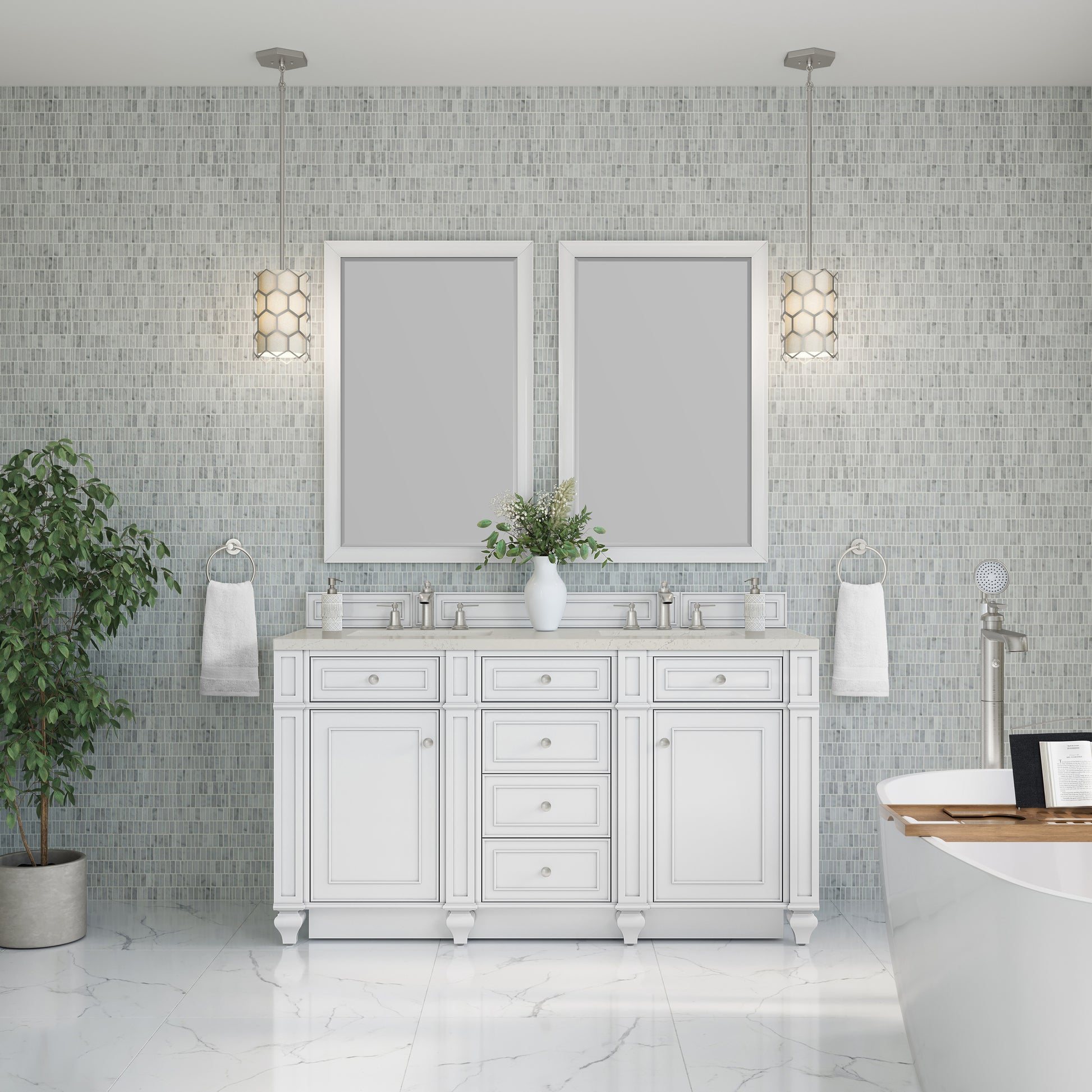 Renovate for Less Atlanta Bristol 60" Double Vanity, Bright White, w/ 3 CM Siberian Silestone Top w/FreePower Wireless Charger