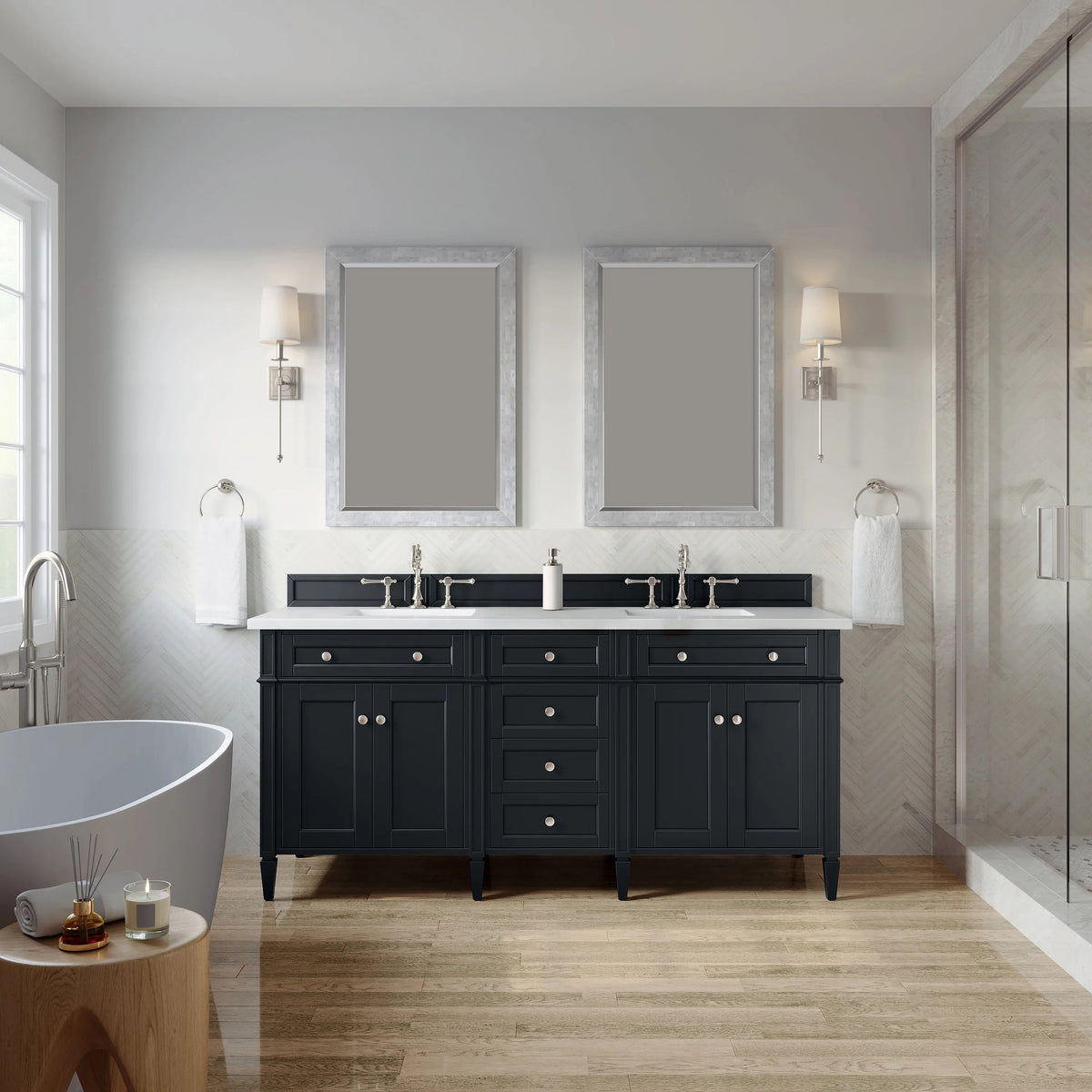 Brittany 72" Double Vanity, Black Onyx w/ 3 CM White Zeus Silestone Top