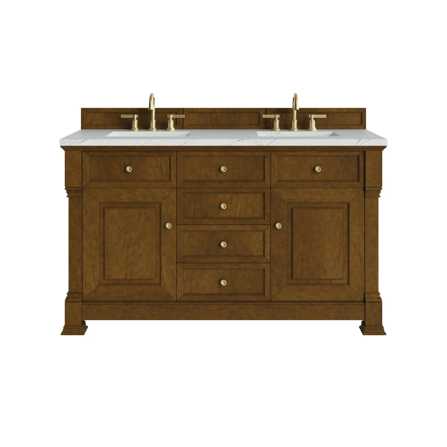 Renovate for Less Atlanta Brookfield 60" Double Vanity, Honey Oak w/ 3 CM Ethereal Noctis Silestone Top w/FreePower Wireless Charger