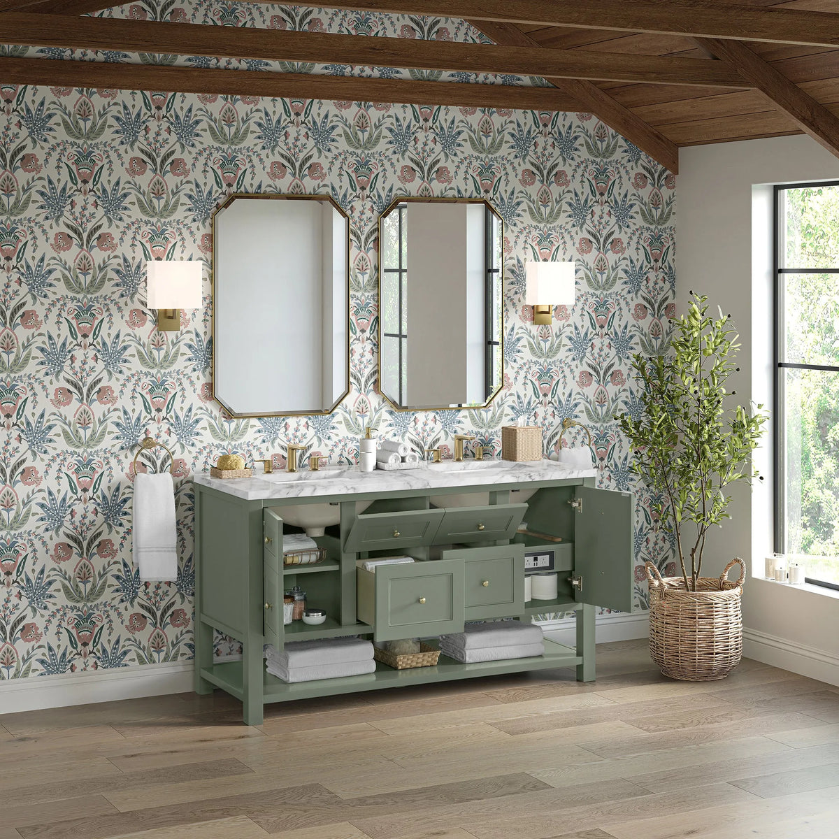 Breckenridge 60" Double Vanity, Smokey Celadon, w/ 3 CM Carrara Marble Top