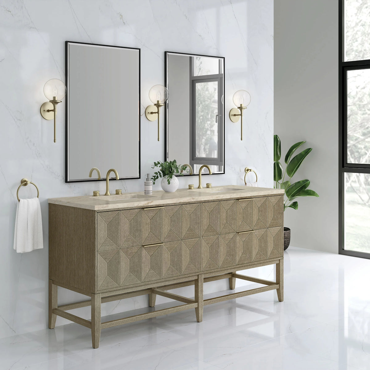 Emmeline 72" Double Vanity, Pebble Oak, w/ 3 CM Tajnar Eclos Top