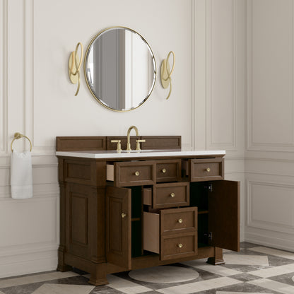 Renovate for Less Atlanta Brookfield 48" Single Vanity, Honey Oak,  w/ 3 CM White Zeus Silestone Top