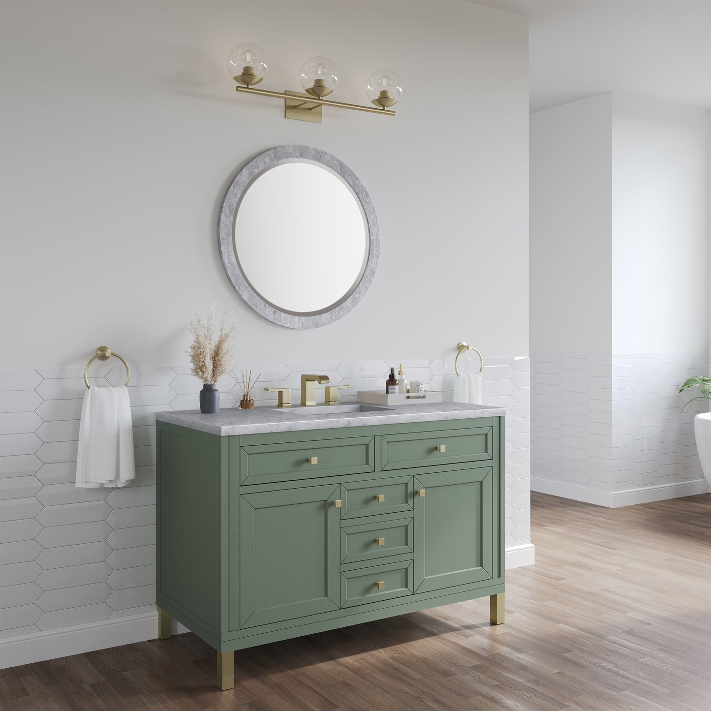 Renovate for Less Atlanta Chicago 48" Single Vanity, Smokey Celadon, w/ 3 CM Carrara Marble Top
