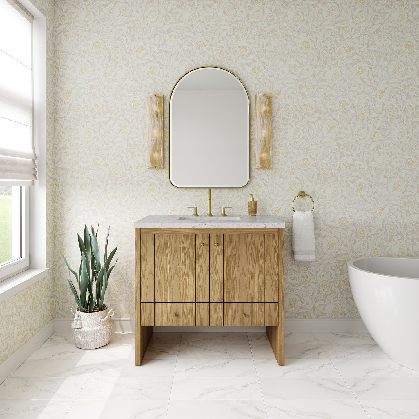 Renovate for Less Atlanta Hudson 36" Single Vanity, Light Natural Oak w/ 3 CM Eternal Jasmine Pearl Top
