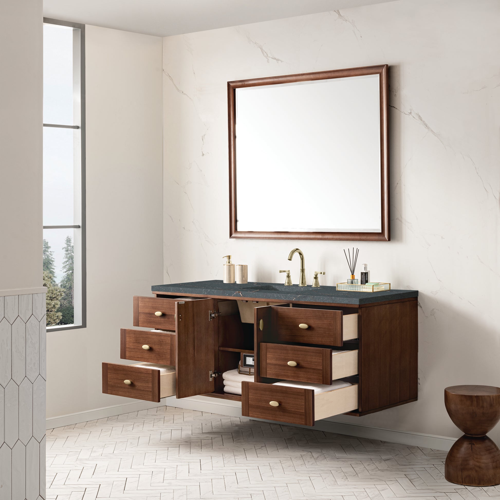 Renovate for Less Atlanta Amberly 60" Single Vanity, Mid-Century Walnut w/ 3 CM Parisien Bleu Top