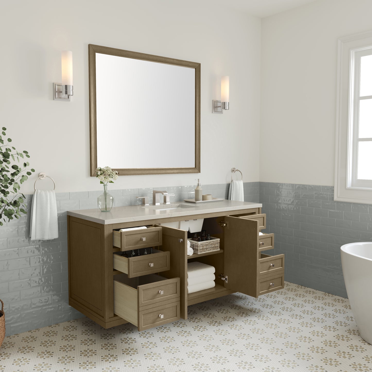 Renovate for Less Atlanta Chicago 60" Single Vanity, Walnut Whisper, w/ 3 CM Siberian Silestone Top w/FreePower Wireless Charger