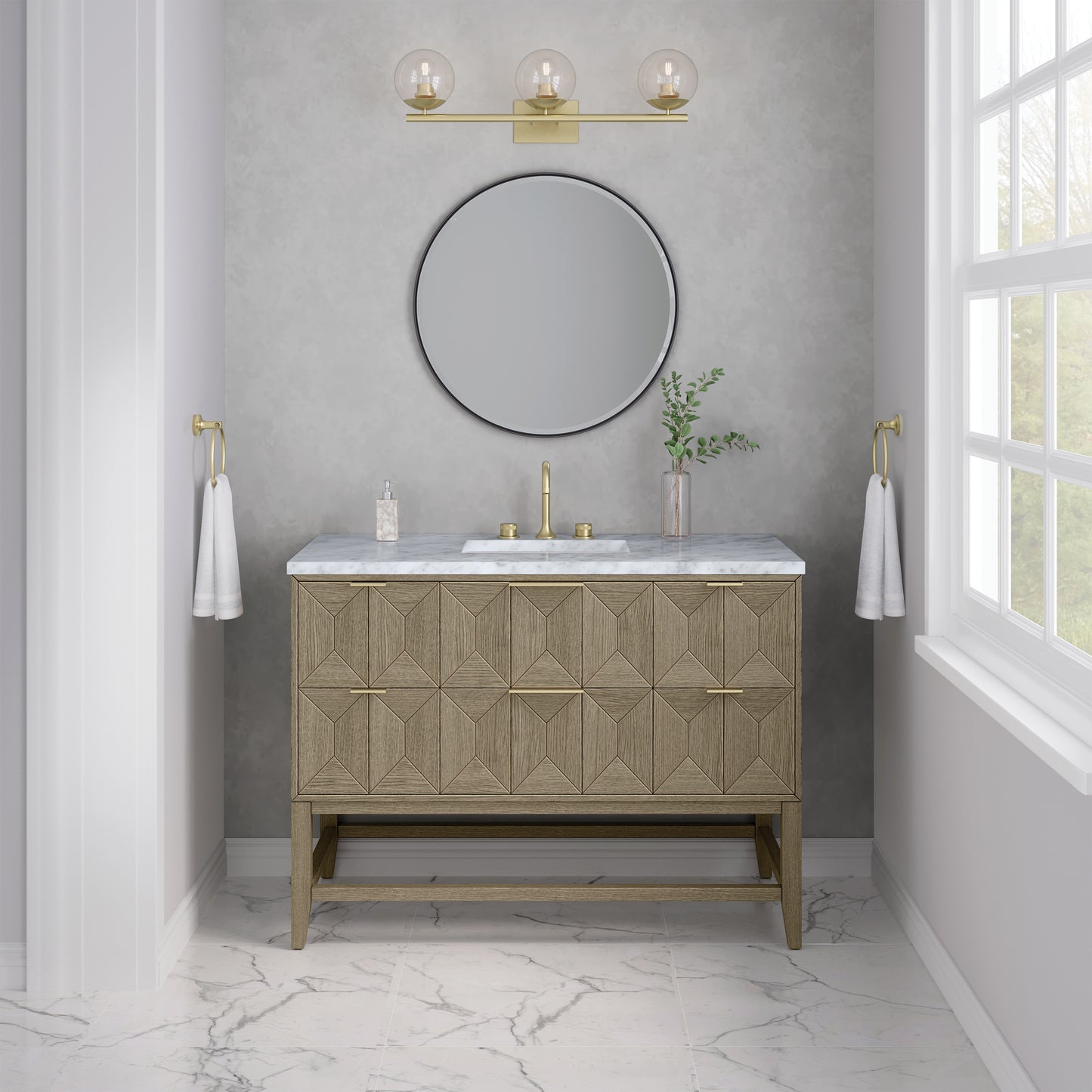 Renovate for Less Atlanta Emmeline 48" Single Vanity, Pebble Oak w/ 3 CM Carrara White Marble Top