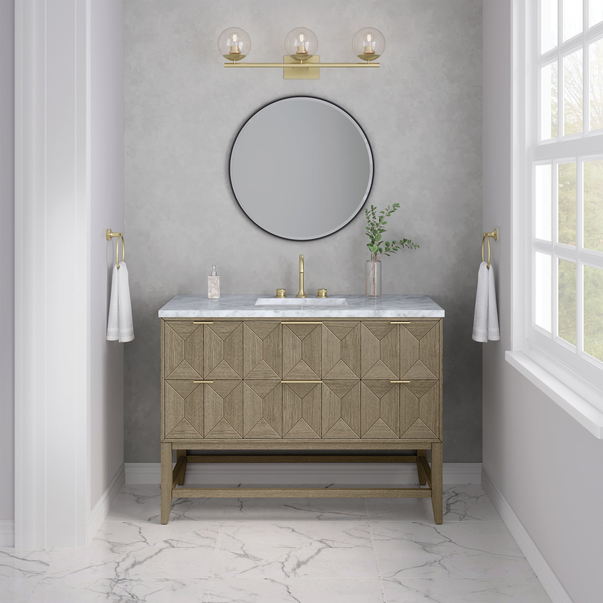 Renovate for Less Atlanta Emmeline 48" Single Vanity, Pebble Oak w/ 3 CM Carrara White Marble Top