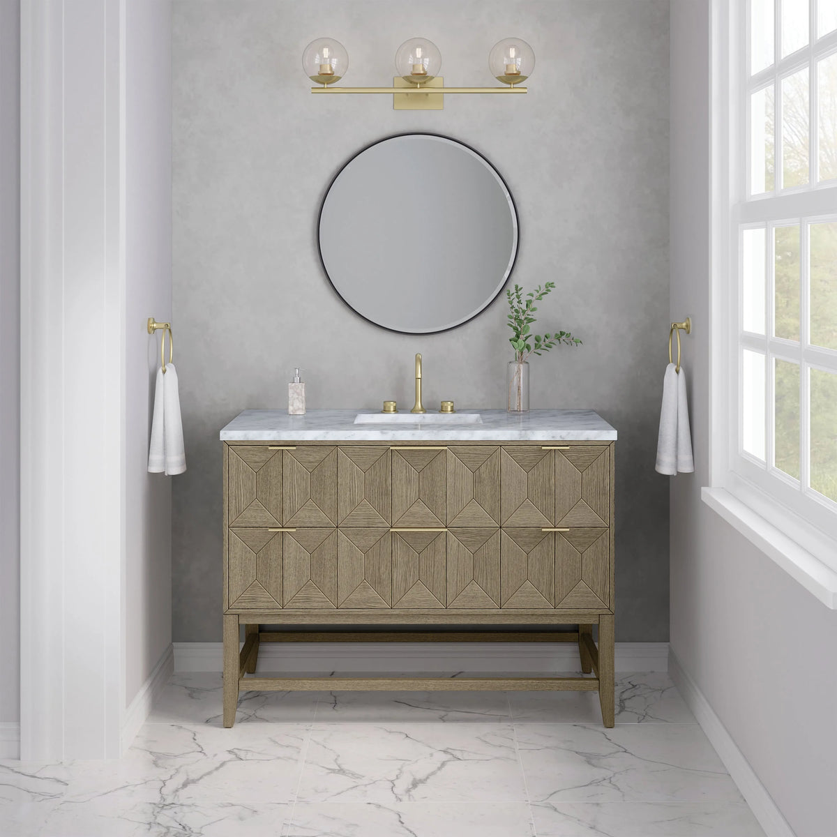 Emmeline 48" Single Vanity, Pebble Oak w/ 3 CM Carrara White Marble Top