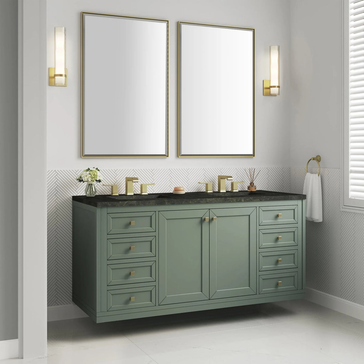 Chicago 60" Double Vanity, Smokey Celadon, w/ 3 CM Phantome Eclos Top