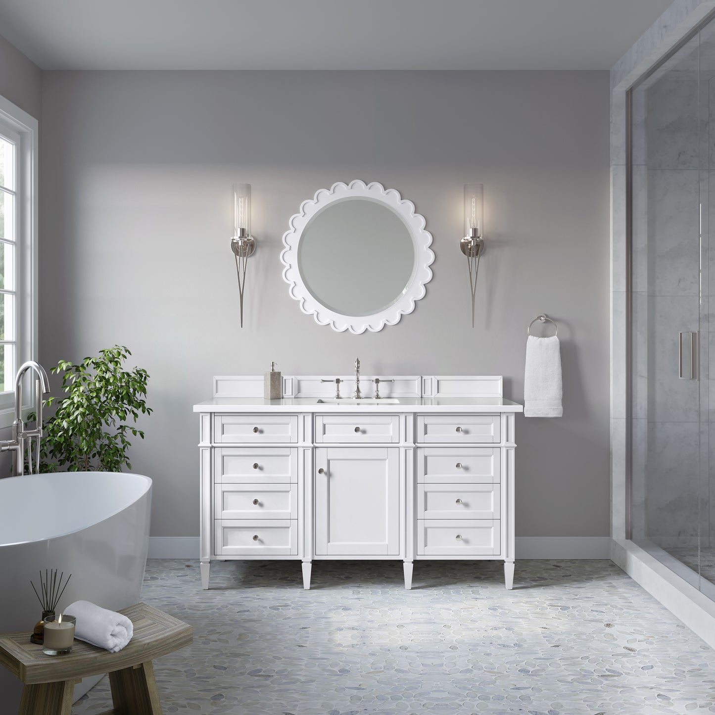 Renovate for Less Atlanta Brittany 60" Single Vanity, Bright White w/ 3 CM White Zeus Silestone Top