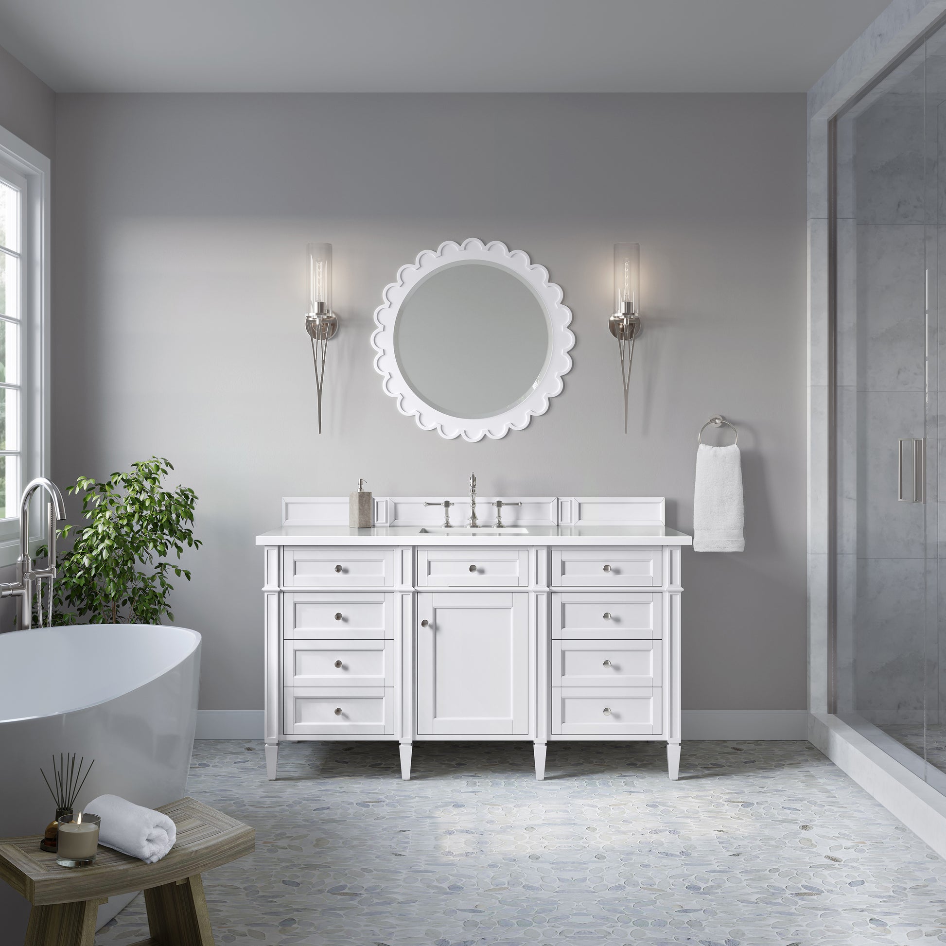 Renovate for Less Atlanta Brittany 60" Single Vanity, Bright White w/ 3 CM White Zeus Silestone Top