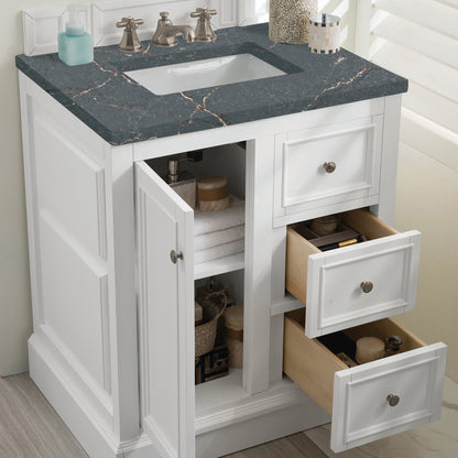 Renovate for Less Atlanta De Soto 30" Single Vanity, Bright White w/ 3 CM Parisien Bleu Silestone Top