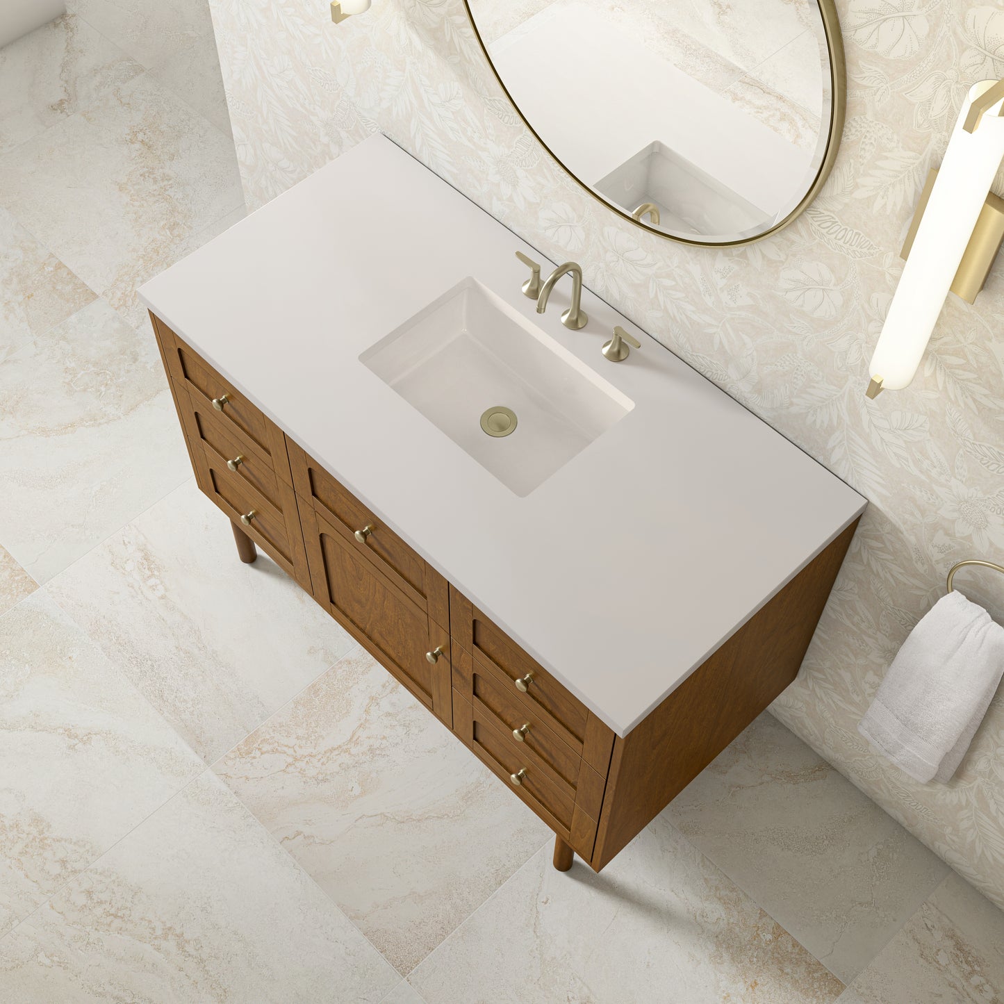 Renovate for Less Atlanta Laurent 48" Single Vanity, Honey Oak w/ 3 CM White Zeus Silestone Top